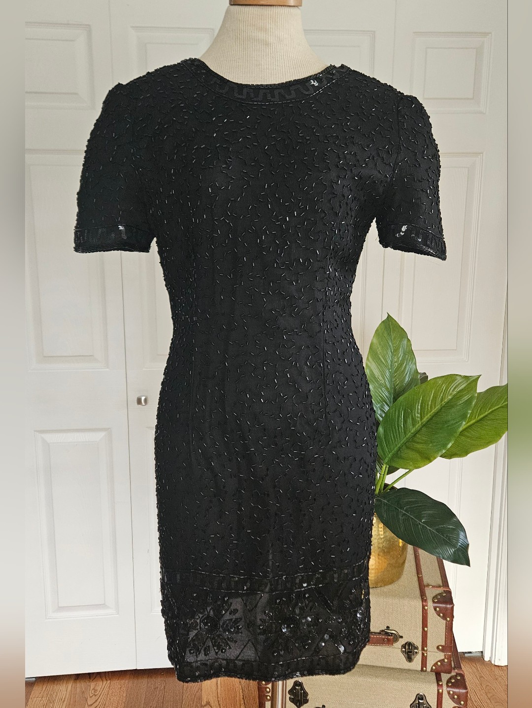 Stnay Vintage Glamour 100% Silk 80s 90s Cocktail Black Sequin Dress Size 10.
